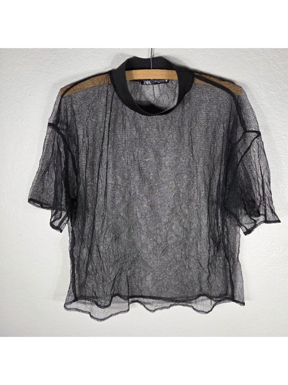 Zara Sheer Tulle Mesh Black Oversized Top Size S Short Sleeves Mock Neck